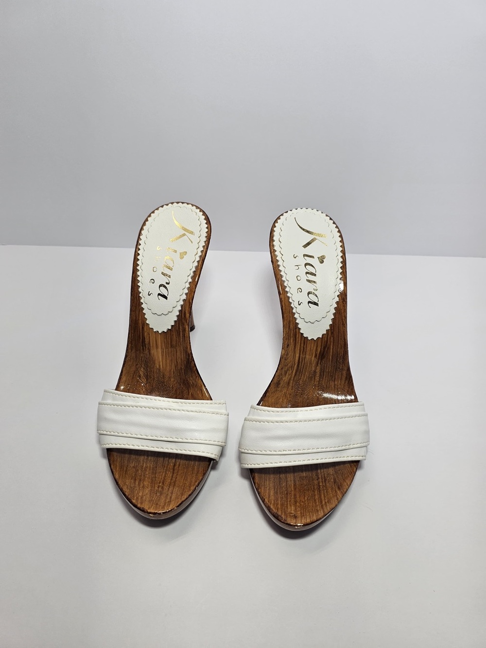 Kiara Shoes White Wood Look Mule Heels Size 6 EU 37